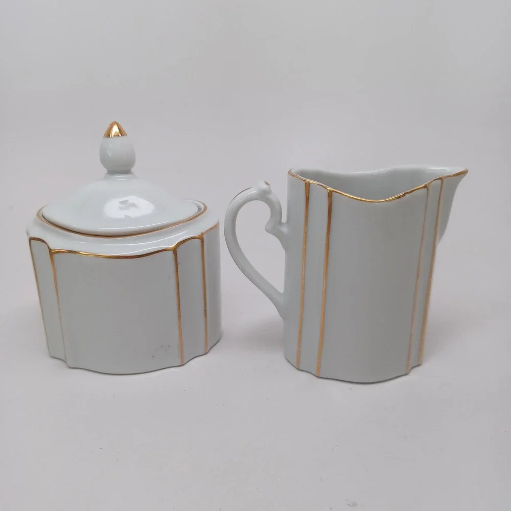 Lord & Taylor Vintage Porcelain Sugar Bowl and Creamer Set Gold Gilt Japan White